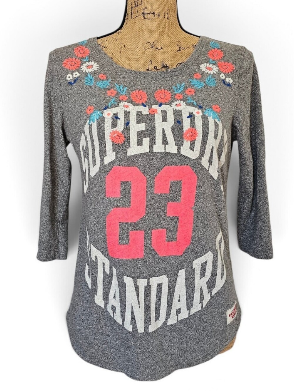 Superdry Works Y2K Gray Floral Embroidered Long Sleeve Varsity Style Tee, Size S